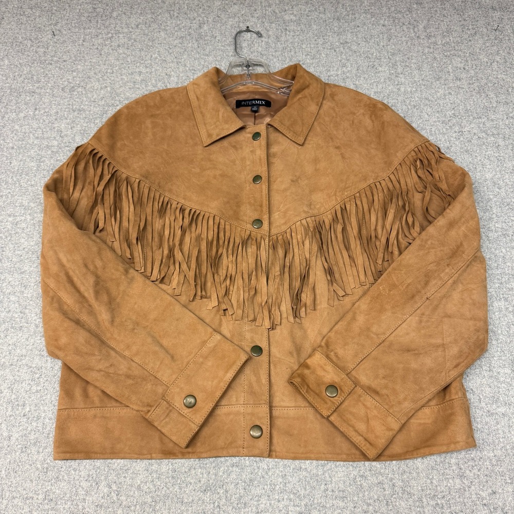 Intermix Fringe Suede Jacket Medium Brown Western Genuine Goat Leather Snap Fron
